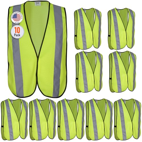 Safety Vest with High Visibility - 2 Inch Reflective Strips, Bright Neon Yellow, Breathable Polyester Mesh Fabric, ANSI ISEA Class Unrated, Hi Viz All Day and Night (10 Pack - XL-XXXL) - size: X-Large-3X-Large