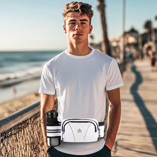 Fanny Pack for Men Women Waist Bag with Water Bottle Holder for Hiking, Travel,Dog Walking, Workout (White) - color: White