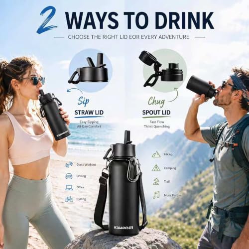 KXIAOCHEN Insulated Water Bottle with Strap, 48-Hour Cold, 2 Lids - color: Black, size: 32 Ounces