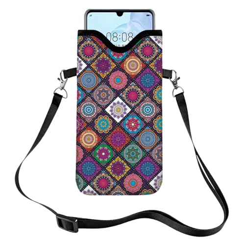 GLOBLELAND Pattern Cell Phone Sleeve Pouch Case Bag with Crossbody Strap Neck Lanyard for Women Men - color: Bohemian Tiles