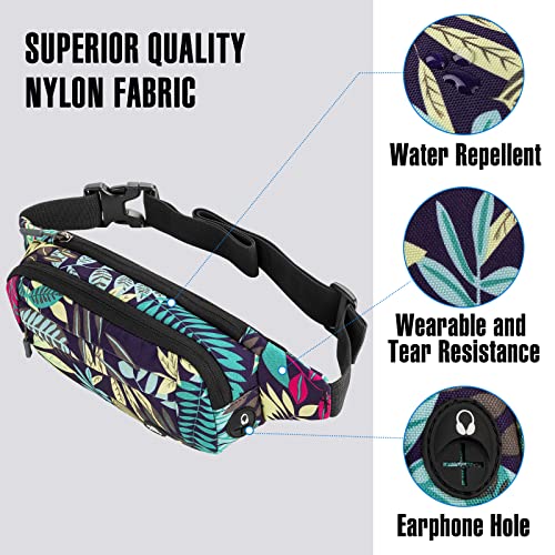WATERFLY Fanny Pack Waist Bag: Small Hip Pouch Bum Bag Fannie Pack Phanny Fannypack Waistpack Bumbag Beltbag Sport Slim Fashionable for Jogging Hiking Hiker Woman Man - color: Blue Leaves