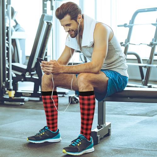 JUNZAN Buffalo Plaid Red Black Knee High Socks Compression Socks for Women Men Kid for Running Sports Nurse - color: Buffalo Plaid Red Black