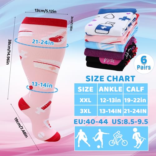 Jspupifip 6 Pairs Plus Size Compression Socks for Women, Wide Calf - color: Black White Blue Pink Purple, size: XX-Large