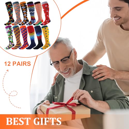 Shyyween 12 Pairs Men Knee High Compression Socks - size: Large, style: Colorful Funky