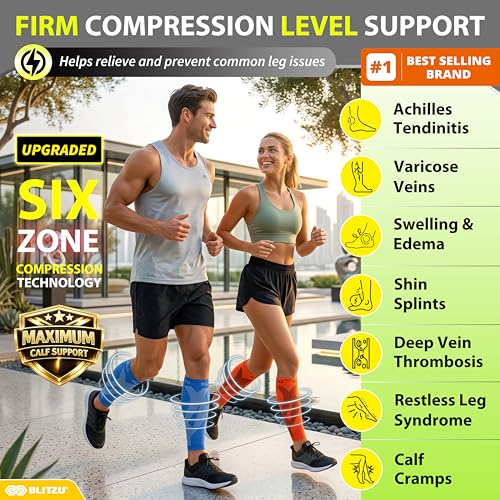 BLITZU Calf Compression Sleeves, Footless Compression Socks for Men & Women - color: Blue, size: Large/X-Large