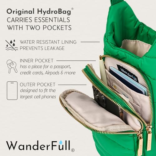 WanderFull Original HydroBag Crossbody Water Bottle Holder with Phone Pocket, Fits Water Bottles up to 32 oz - color: Kelly Green Matte - Striped Strap