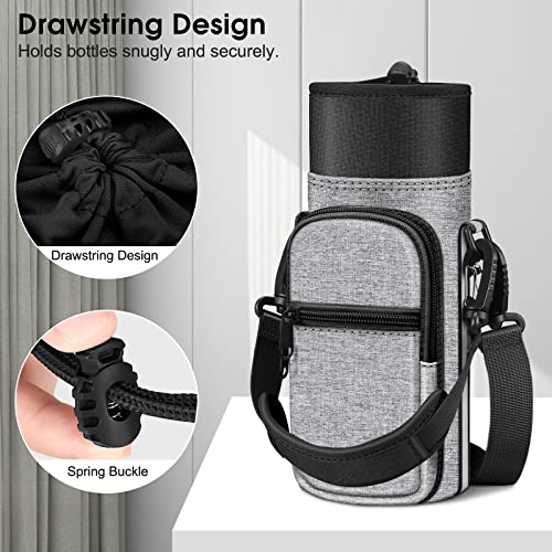CaseBot Water Bottle Carrier Bag Sling Case, Sports Water Bottle Pouch Holder Sleeve with Adjustable Shoulder Hand Strap and 2 Pockets for Men Women Hiking Camping Travelling - color: Gray