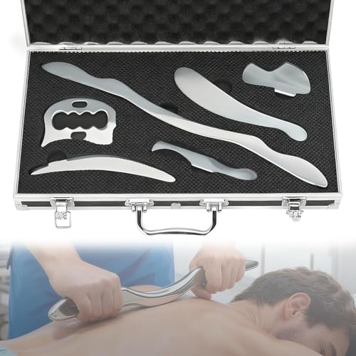 6-Piece Gua Sha Muscle Stainless Steel Scraper Massage Tool Set for Arms/Back/Shoulder Portable Physical Therapy IASTM Tools for Soft Tissue Mobilization with Carrying Case - size: 6 Piece Set