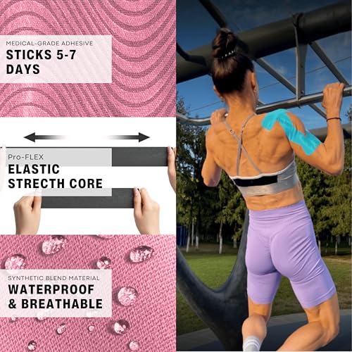 Kinesiology Tape for Shoulder | Waterproof, Sticks 7 Days, Precut Synthetic Material | K Tape for Shoulder Pain Relief & Support - Knees, Lower Back Pain, & Achilese (10 PCS | Pink) - color: Pink