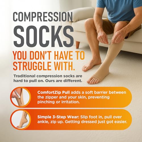 Lemon Hero Zipper Compression Socks 15-20mmHg Open Toe for Women & Men - color: Beige, size: XX-Large