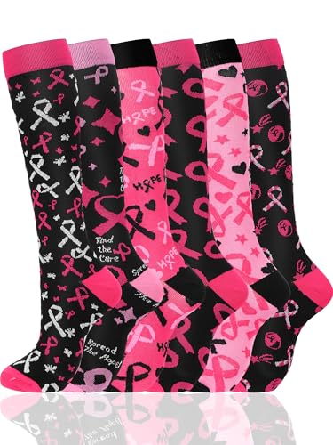 Fourluoo 6 Pairs Breast Cancer Awareness Compression Socks - size: Small-Medium, style: Ribbon
