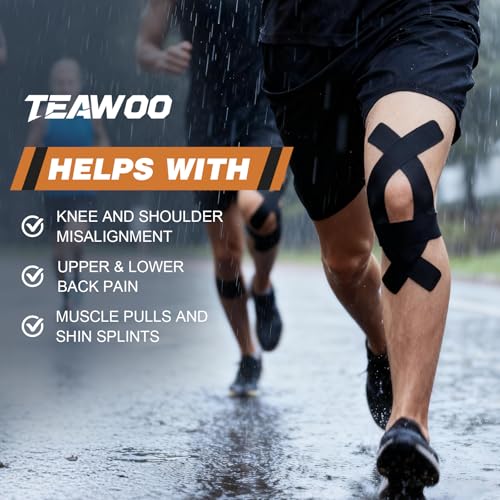 TEAWO Kinesiology Tape 2 Rolls (2in X 16.4Ft) – Waterproof, Hypoallergenic, Latex-Free Athletic Tape, Muscle & Joint Support for Sports Recovery (Beige & Black with Bonus Specialized Scissors)