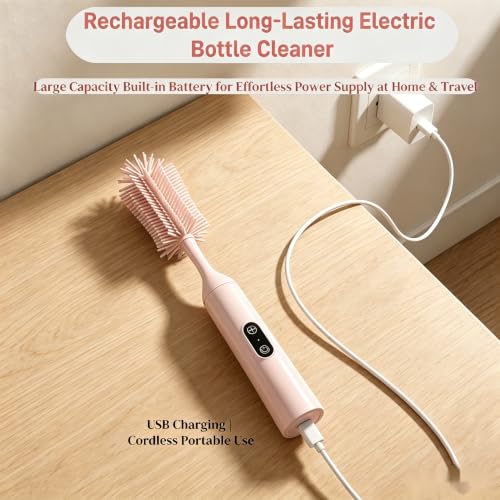 Electric Bottle Brush, Rechargeable Auto Spinning Bottle Cleaner, All-in-One Cleaning Kit with Multi Brush Heads & Stir Stick for Baby Bottles & Drinkware, Great Household Helper and Ideal Gift - color: Light Pink