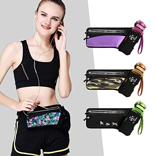 Running Belt Sport Waist Pack/Pouch w/Water Bottle Holder Hydration Fanny Pack Reflective Stripes Cellphone Storage Earphone hole for Dog walker Hiking Travel Adjustable Women/Men (Black/Purple) - color: Black/Purple