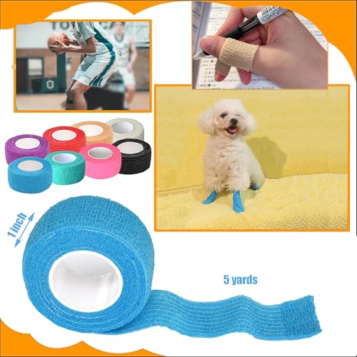 8 Pack 1 x 5 Yards Cohesive Wrap Self Adhesive Bandage Elastic Self Adherent Vet Tape for Athletic, Wrist, Ankle, Knees, Pets (Blue) - color: Blue, size: 1 Inch