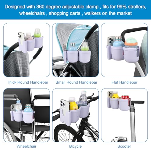 Accmor Stroller Cup Holder with Phone Holder, Bike Cup Holder, Walker Scooter Wheelchair Cup Holder Attachment, Universal Cup Holder for Uppababy Graco Strollers - color: Double Holder-All Orchid Purple