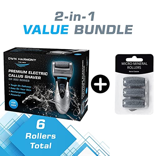 Own Harmony Electric Feet Callus Remover and 6 Rollers Bundle: Rechargeable Foot Scrubber Mens Pedicure Tools Kit, Professional Electronic Foot Care File, Best for Hard Cracked Dead Skin & Pedi Spa