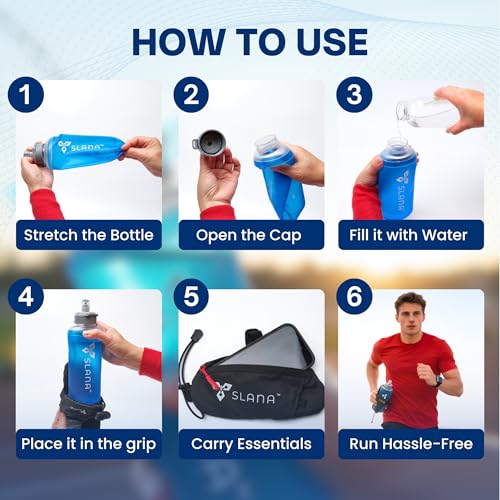 Handheld Running Water Bottle 18 oz – Grip-Free Collapsible Water Bottles for Running with Adjustable Strap & Thumbhole, Expandable Phone Pocket, Race Cap for One-Hand Drinking - color: Blue