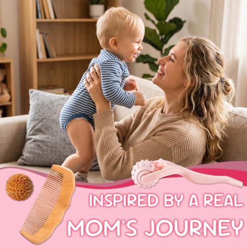 SIMPOR 3-in-1 Labor Comb Set with Handheld Massage Roller & Acupressure Ball, Wooden Birth Comb, Natural Labor and Delivery Essentials for Back Tension, Pregnancy & New Mom Gifts