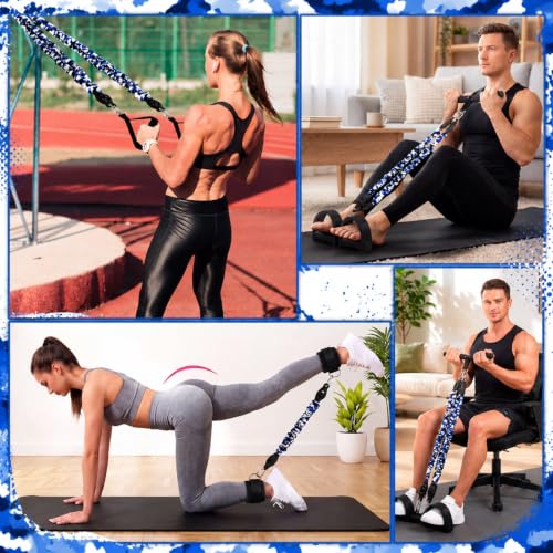 Arrowbash 4 Tube Foot Pedal Resistance Band 100lbs Adjustable Stirrup Puller Exercise Bands with Handles Ankle Cuffs Camouflage Blue Multifunction Home Gym Equipment for Men Women Full Body Workout