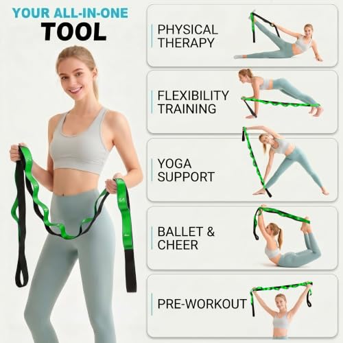 Acozycoo Stretching Strap with Loops for Physical Therapy,Knee,Leg Lifter - color: Green, size: Length: 86 Inch, Width: 1.5 Inch