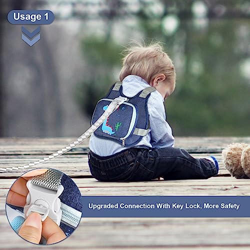 Toddler Harness Leash+ Anti Lost Wrist Link, Accmor Cute Dinosaur Kids Harness with Leash, Foldable Child Leash Baby Walking Wristband Assistant Strap Belt Hold Baby Boys Girls Close While Walking - color: Navy Blue/Brachiosaurus