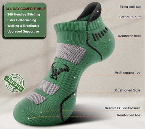 BULLIANT Men Running Ankle Socks 6Pack-Cushioned Support-Low Cut No Show - color: Shale Green8246, size: 6-9
