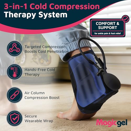 Magic Gel Compression Ankle Ice Pack Wrap – Ice Pack for Ankle Sprain, Swelling, Heel Pain & Achilles Tendonitis – Cold Therapy Wrap for Ankle, Heel & Foot with Air Pump Compression, 2 Extra Gel Packs