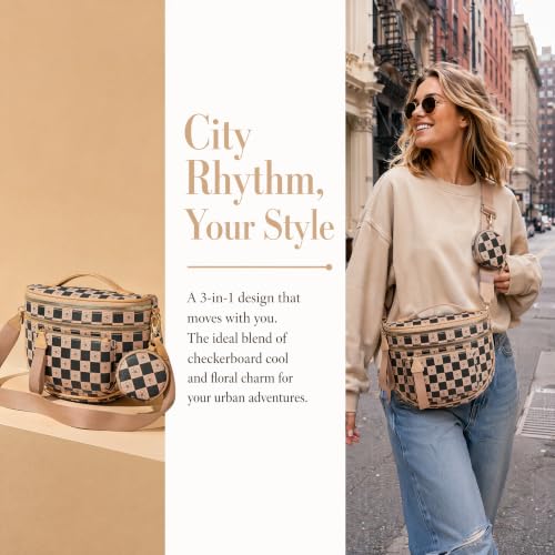 Makes Checkered Crossbody Bag Bum Bag for Women with Pouch - color: Khaki Checkered