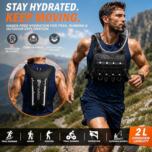 BECOJADDE Running Vest for Men with 2L Water Bladder Tactical Hydration Backpack Adjustable Lightweight Chest Pack for Marathon Hunting Cycling - color: Black