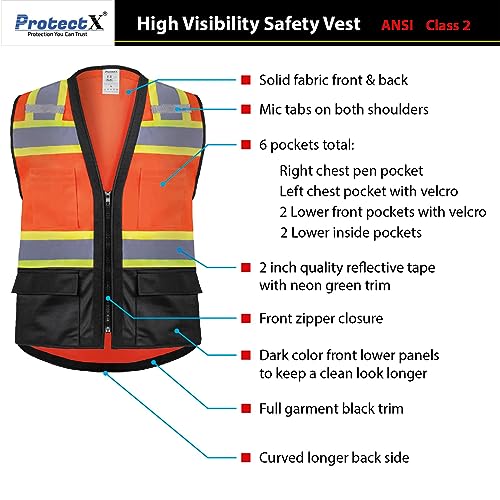ProtectX High Visibility ANSI Class 2 Safety Vest with 6 Pockets - color: Neon Orange - Solid Fabric, size: XX-Large