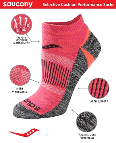 Saucony Women's RunDry Performance Selective Cushion Socks, Available in S-L (6, 12 Pairs) - color: Black Brights (6 Pairs), size: Large