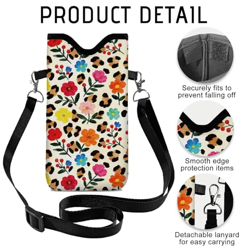 GLOBLELAND Flower Nylon Cell Phone Sleeve Pouch Case Bag 7.1×3.9 inch Leopard Print Shockproof Universal Phone Bag with Crossbody Strap Neck Lanyard for Women Men Phone Headphones Watch - color: Flowers