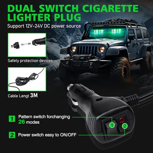 OPP ULITE Dash Strobe Lights 2 in 1, 48pcs Led, 26 Flash Mode, Memory Function, DC 12V-24V Front/Rear Windshield Emergency Flashing Warning Light Bar for Vehicles Trucks, White Green