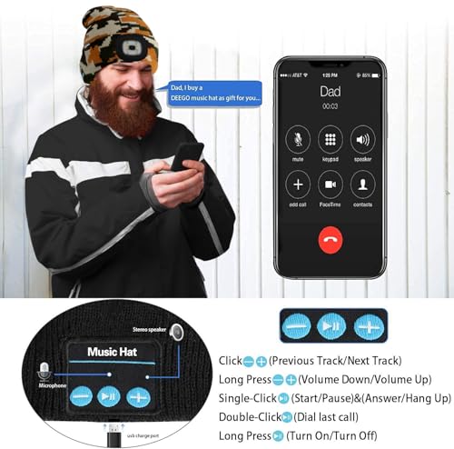 ATNKE LED Lighted Bluetooth Beanie Hat,USB Rechargeable 4 LED Wireless Music Running Headlamp Cap Gift for Men and Women - color: #Camouflage Yellow