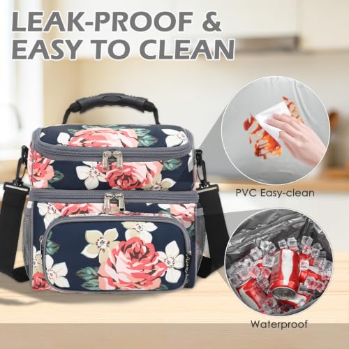 FlowFly Double Layer Cooler Insulated Lunch Bag Adult Lunch Box Large Tote Bag for Men, Women, With Adjustable Strap,Front Pocket and Dual Large Mesh Side Pockets - color: Peony