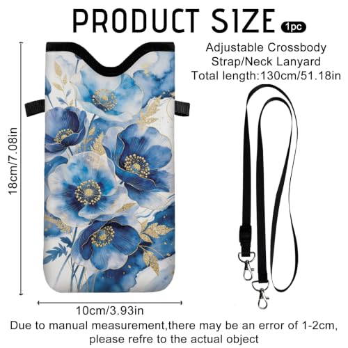 GLOBLELAND Blue Poppy Cell Phone Sleeve Pouch Case Bag 7.1×3.9 inch Blue Flowers Shockproof Universal Phone Bag with Crossbody Strap Neck Lanyard for Women Men Phone Headphones Watch - color: Blue Poppy