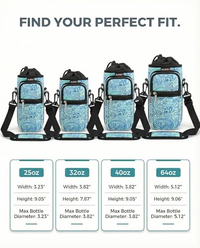 AUPET Water Bottle Sling Bag Sleeve Holder Carrier 25/32/40/64 oz,Insulated Crossbody Water Bottle Case Cover with Strap and Pockets for Men/Women Walking Hiking - color: blue feather, size: 25oz