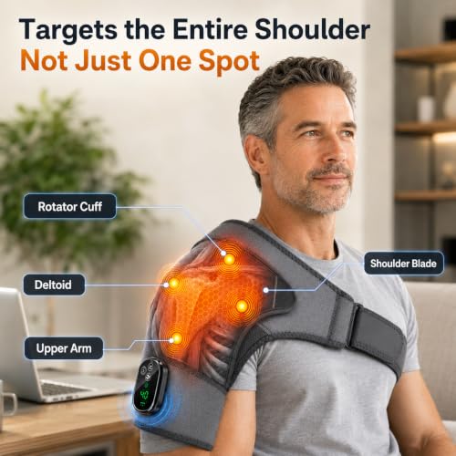 Cordless Heated Shoulder Wrap with Quiet Vibration Massage, Shoulder Heating Pad for Stiff Muscles & Everyday Comfort, Adjustable Left & Right Shoulder Brace for Men Women, Gray