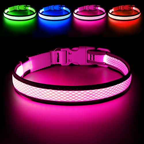 Flashseen LED Dog Collar, Light Up Dog Collar USB Rechargeable, Pink, L - color: Pink, size: Large