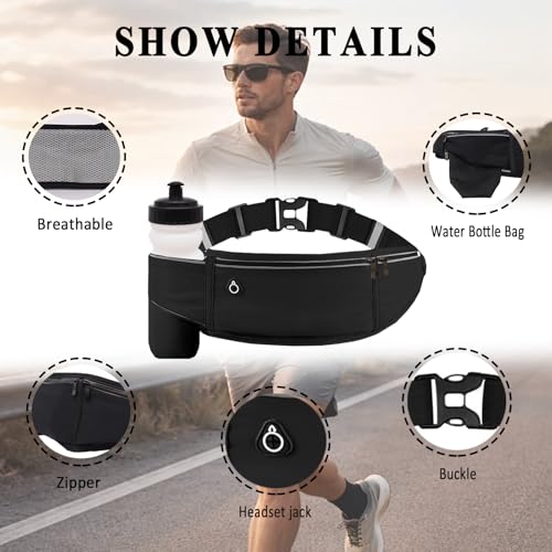 Running Belt with Water Bottle Holder,Large Fanny Pack for Men Women Girls Boys Kids Phone Pouch,Waist Bag Fit Hydration Hiking Runner Workout GYM Sport Travel Walking Slim Flat Bum Bag,Black - color: 01-Black
