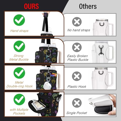Water Bottle Carrier Bag for Stanley Cup 40/30oz, Neoprene Water Bottle Holder Pouch with 3 Pocket Adjustable Shoulder & Hand Strap - color: Neon Dog Paw