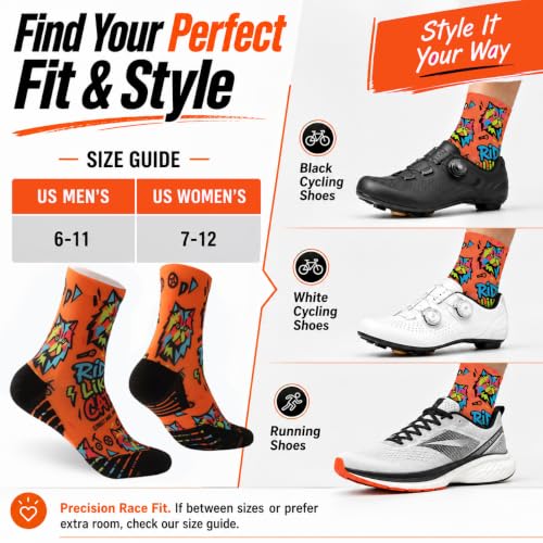 NIcool Cycling Socks For Men, 1/3 Pairs Bright Seamless Compression Running Crew Socks Youth Cushioned Tennis Quarter Socks - color: 1 Pair Bright Orange/Cat Print