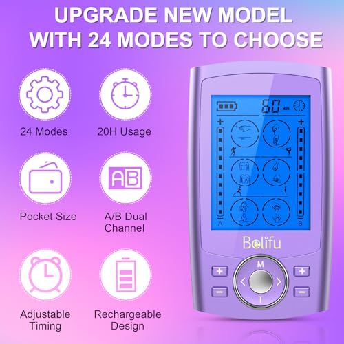 Belfiu TENS & PMS 24 Modes Muscle Stimulator for Pain Relief Therapy, Electronic Pulse Massager Muscle Massager with 10 Pads, Dust-Proof Drawstring Storage Bag, Fastening Cable Ties - color: Purple