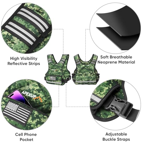 APEXUP Adjustable Weighted Vest, 4-10lb/12-18lb/20-32lb Vest with 6 Ironsand Weights and Large Pocket, Weight Vest for Men Women Strength Training, Running, Walking - color: Green Digi Camo, size: 4-10lbs