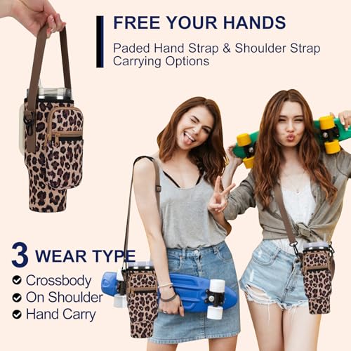 GOEWY Water Bottle Carrier Bag for Stanley Cup 40/30oz with Phone Pockets - color: Leopard, size: 30oz