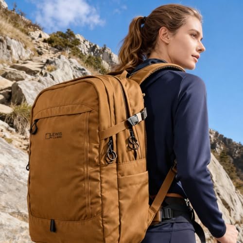 Lewis N. Clark 28L Hiking Daypack – Full-Size Trail Backpack with Padded Straps, Rain Cover & Removable Laptop Sleeve - color: Brown, size: 28L