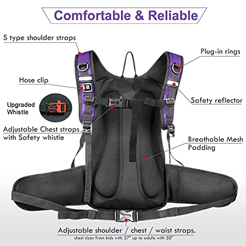 Mothybot Insulated Hydration Backpack Pack with 3L BPA Free Leak Proof Water Bladder, Large Storage Lightweight Hiking Daypack with Waist Pouches & Cooler Layer, for Running, Biking, Camping, Festival - color: Purple