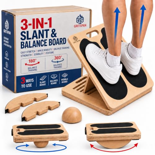 Slant Boards for Exercise, 3-in-1 Wooden Calf Stretcher, Rocker Balance Board and 360° Wobble Board, 5 Adjustable Angles, Anti-Slip Surface, Training Poster Included - size: Standard