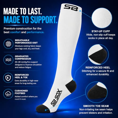 SB SOX Compression Socks for Men & Women (20-30mmHg) - color: White/Black, size: Small